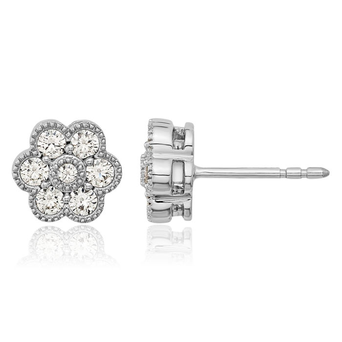 14K Solid White Gold Flower Diamond Stud Earrings