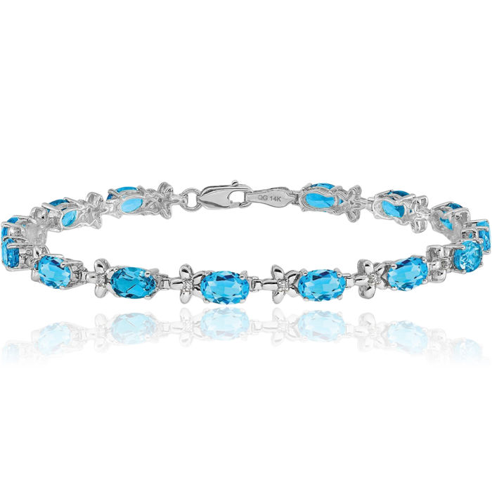 14K Solid White Gold Flower Diamond Swiss Blue Topaz Chain Gemstone Tennis Bracelet