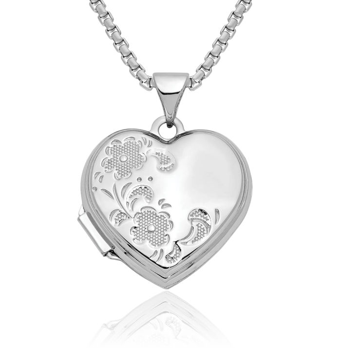 14K Solid White Gold Flower Heart Personalized Photo Locket Necklace Picture Pendant Charm