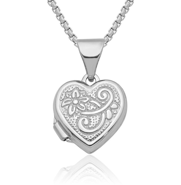 14K Solid White Gold Flower Heart Personalized Photo Locket Necklace Picture Pendant Charm