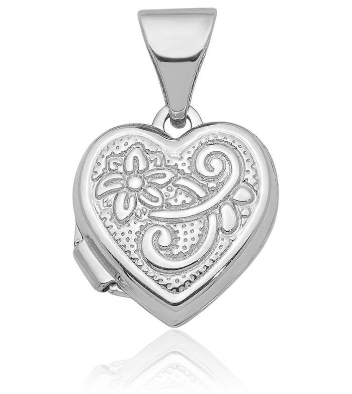 14K Solid White Gold Flower Heart Personalized Photo Locket Necklace Picture Pendant Charm