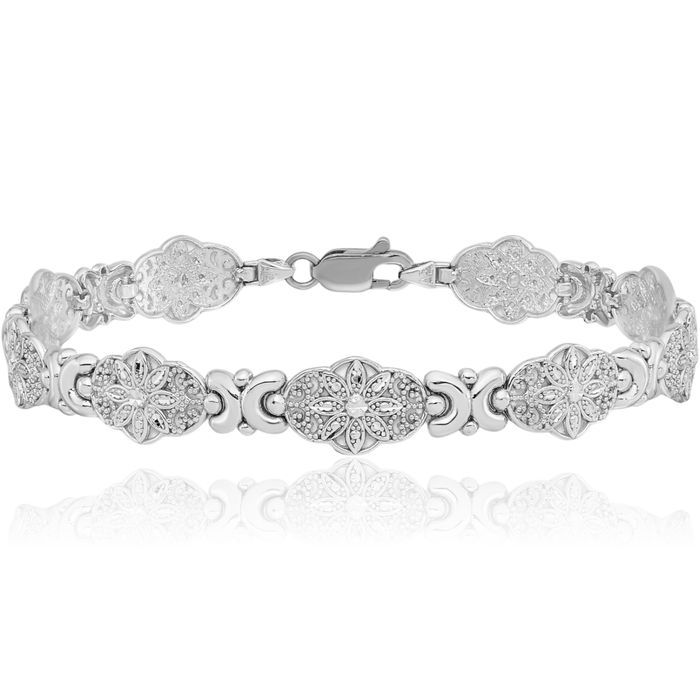 14K Solid White Gold Flower Link Chain Bracelet