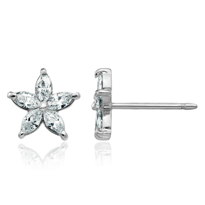 14K Solid White Gold Flower Moissanite Stud Earrings