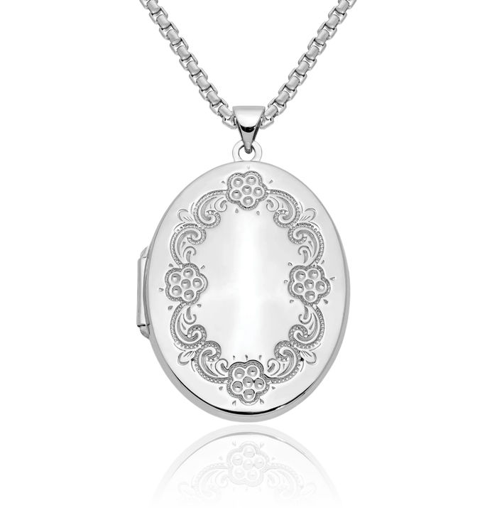 14K Solid White Gold Flower Oval Personalized Photo Locket Necklace Picture Pendant Charm