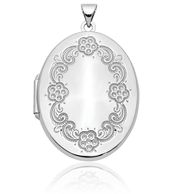 14K Solid White Gold Flower Oval Personalized Photo Locket Necklace Picture Pendant Charm