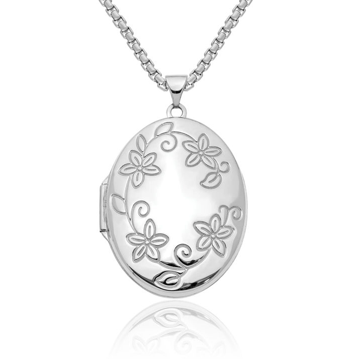 14K Solid White Gold Flower Oval Personalized Photo Locket Necklace Picture Pendant Charm