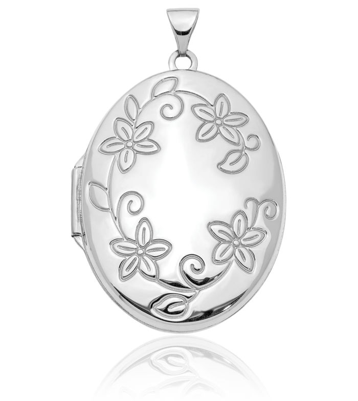 14K Solid White Gold Flower Oval Personalized Photo Locket Necklace Picture Pendant Charm