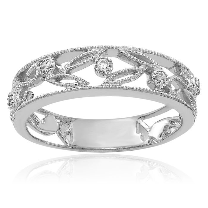 14K Solid White Gold Flower Vine Diamond Ring