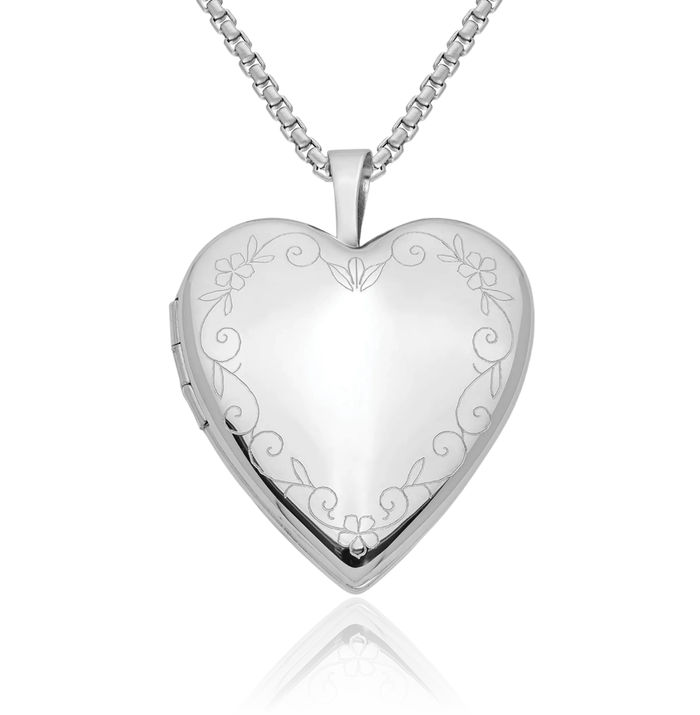 14K Solid White Gold Flower Vine Heart Locket Necklace Chain Pendant Charm