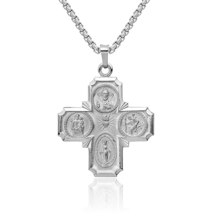 14K Solid White Gold Four Way Holy Cross Religious Medal Necklace Christian Pendant Scapular Charm