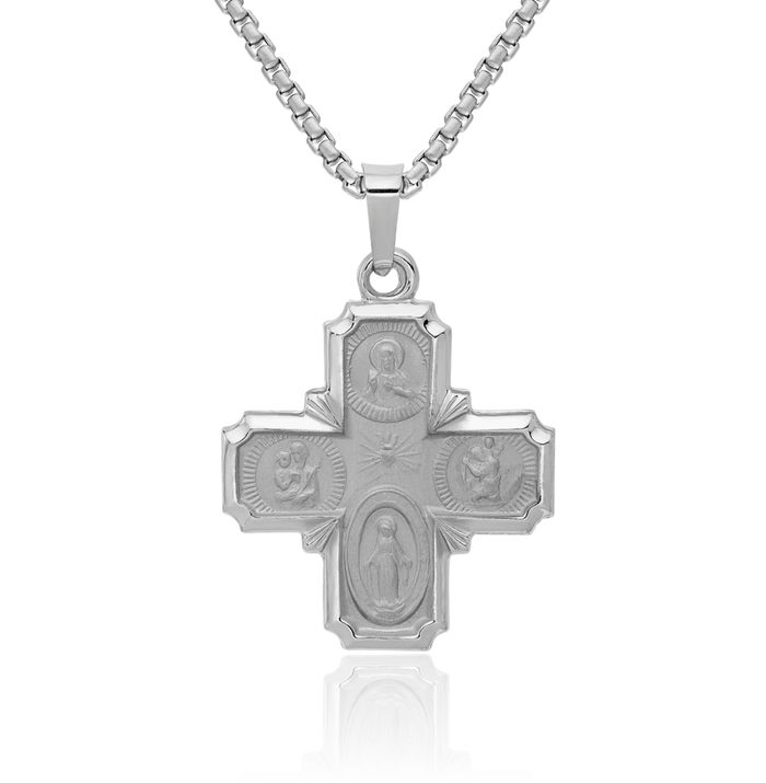 14K Solid White Gold Four Way Holy Cross Religious Medal Necklace Christian Pendant Scapular Charm