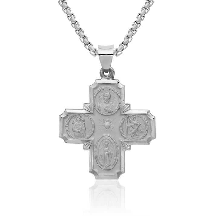 14K Solid White Gold Four Way Holy Cross Religious Medal Necklace Christian Pendant Scapular Charm