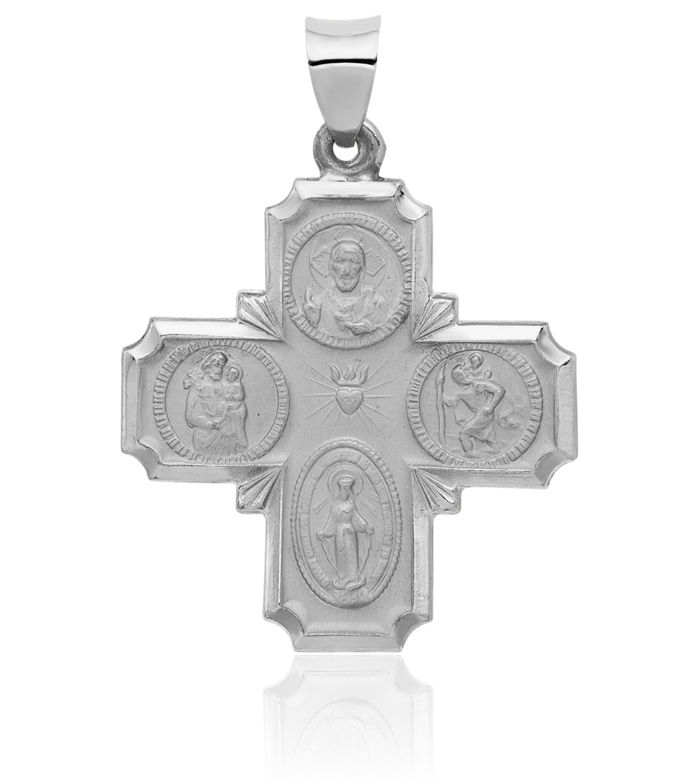 14K Solid White Gold Four Way Holy Cross Religious Medal Necklace Christian Pendant Scapular Charm