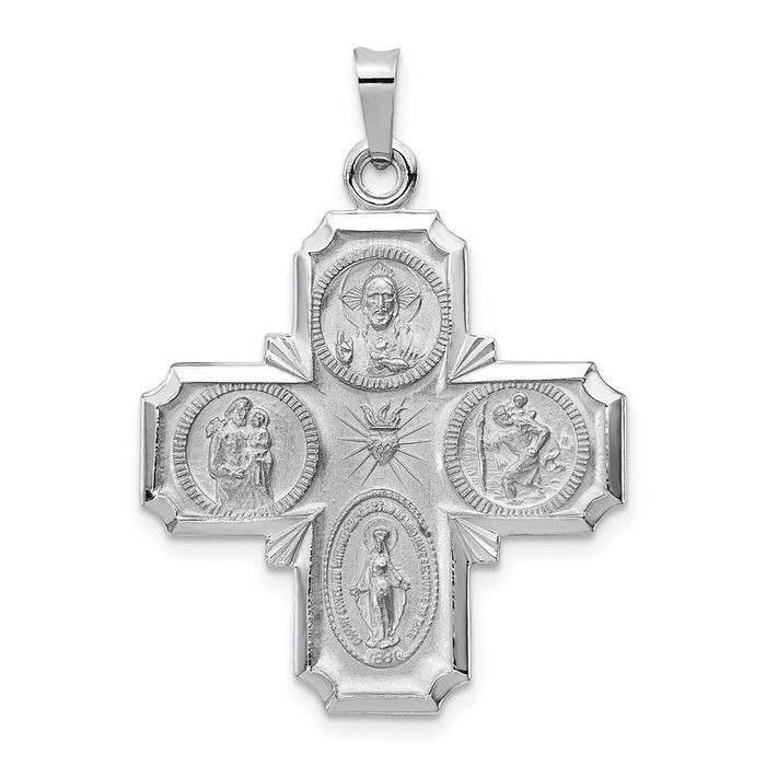 14K Solid White Gold Four Way Holy Cross Religious Medal Necklace Christian Pendant Scapular Charm