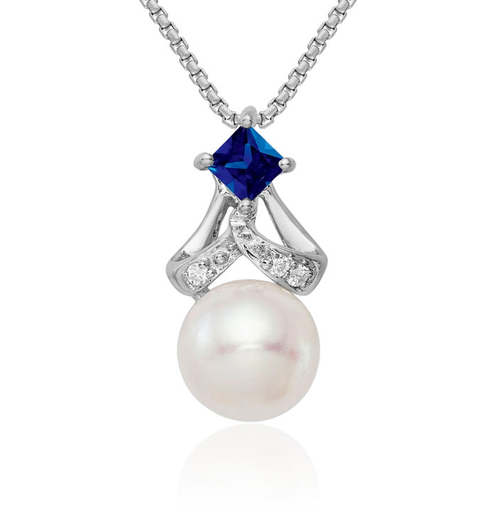 14K Solid White Gold Freshwater Cultured Pearl Blue Sapphire Diamond Floating Chain Slide Gemstone Pendant Necklace Charm