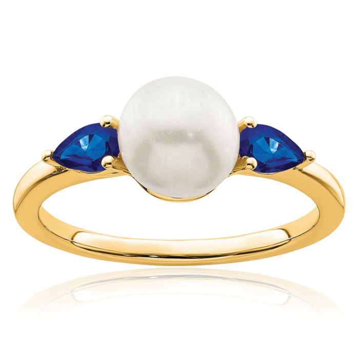 14K Solid White Gold Freshwater Cultured Pearl Blue Sapphire Ring Gemstone Band