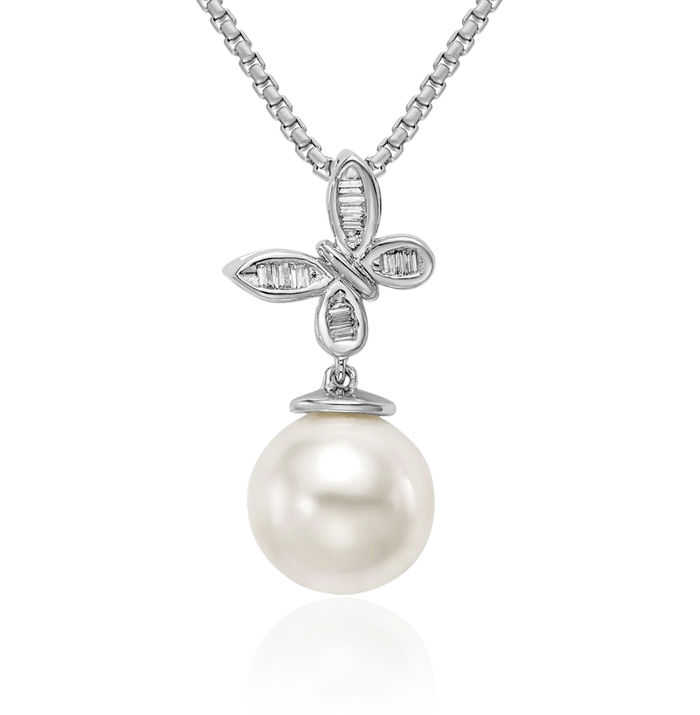 14K Solid White Gold Freshwater Cultured Pearl Diamond Butterfly Wings Floating Chain Slide Pendant Necklace Charm