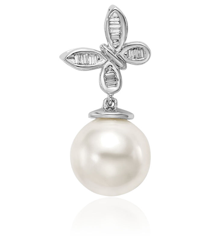 14K Solid White Gold Freshwater Cultured Pearl Diamond Butterfly Wings Floating Chain Slide Pendant Necklace Charm