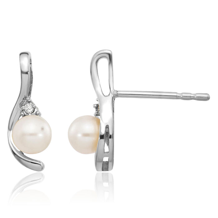 14K Solid White Gold Freshwater Cultured Pearl Diamond Drop Dangle Earrings June Birthstone Jewelry