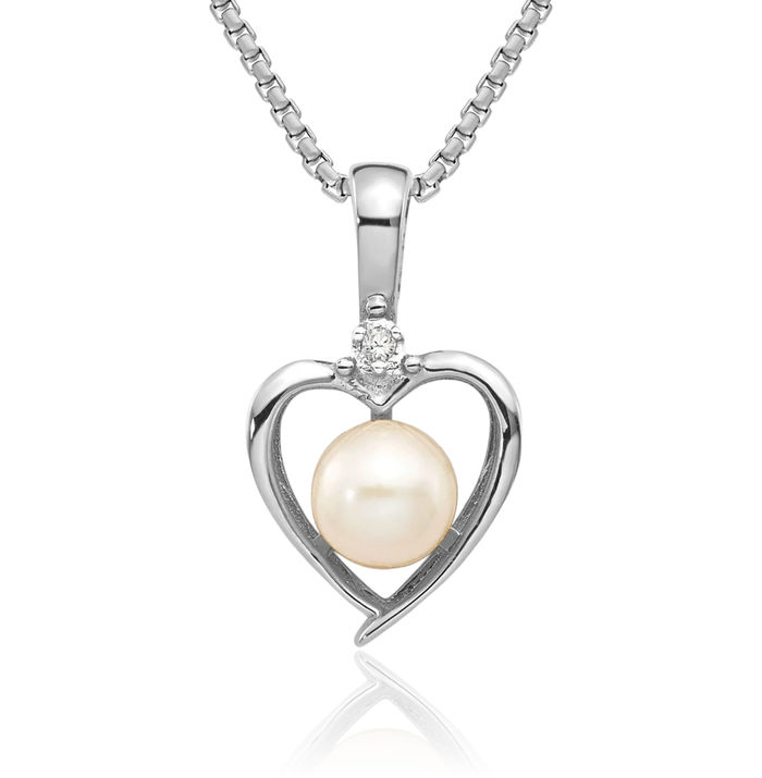 14K Solid White Gold Freshwater Cultured Pearl Diamond Heart Necklace Gemstone Pendant Charm April June Birthstone Jewelry