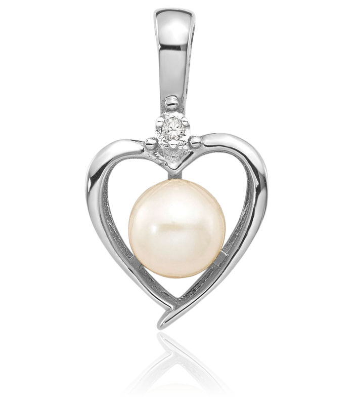 14K Solid White Gold Freshwater Cultured Pearl Diamond Heart Necklace Gemstone Pendant Charm April June Birthstone Jewelry