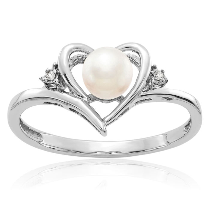 14K Solid White Gold Freshwater Cultured Pearl Diamond Heart Ring Love Band June Birthstone Jewelry