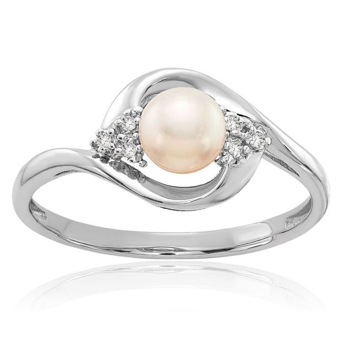 14K Solid White Gold Freshwater Cultured Pearl Diamond Ring June Birthstone Jewelry