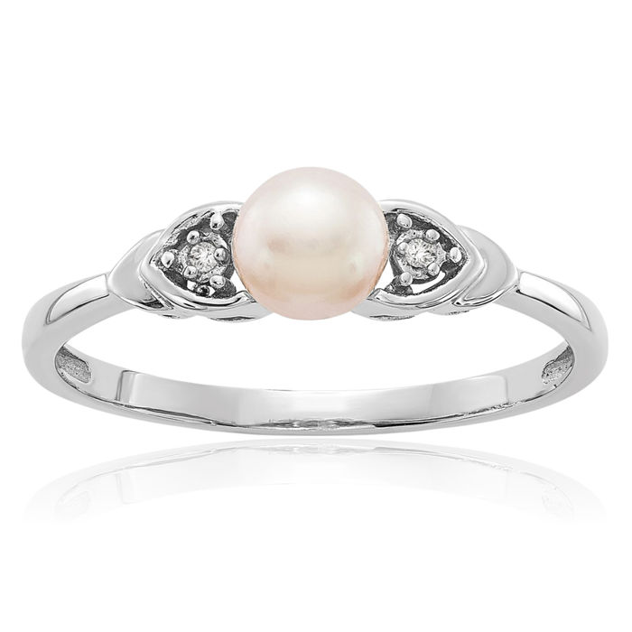 14K Solid White Gold Freshwater Cultured Pearl Diamond Ring June Birthstone Jewelry