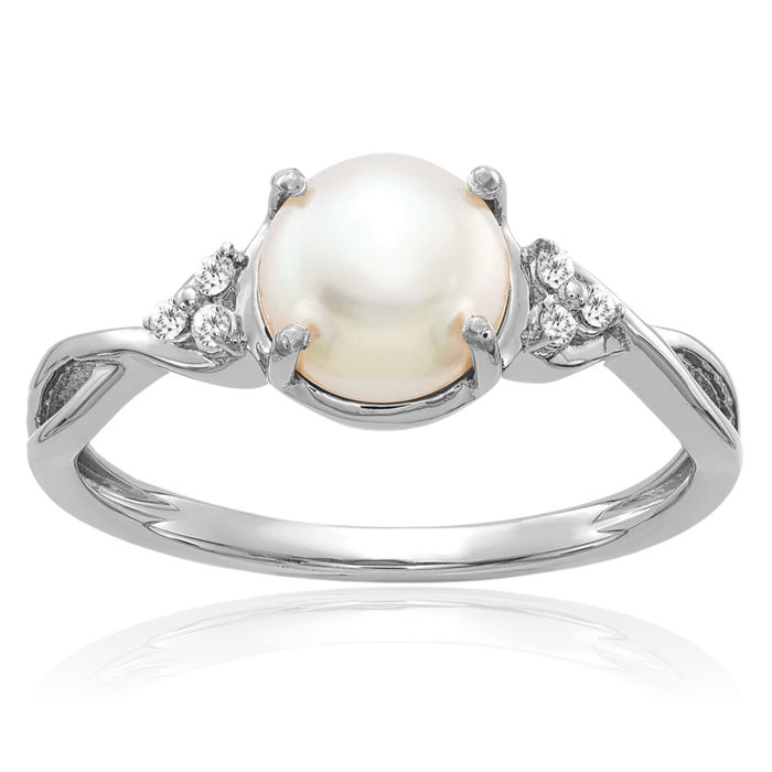 14K Solid White Gold Freshwater Cultured Pearl Diamond Ring June Birthstone Jewelry