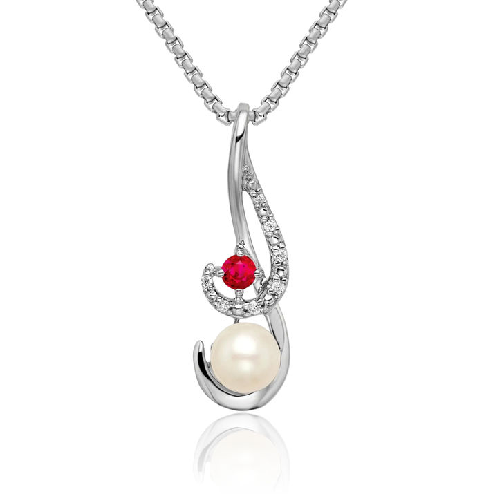 14K Solid White Gold Freshwater Cultured Pearl Ruby Diamond Slide Necklace Gemstone Pendant Charm