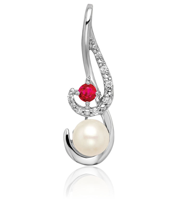 14K Solid White Gold Freshwater Cultured Pearl Ruby Diamond Slide Necklace Gemstone Pendant Charm