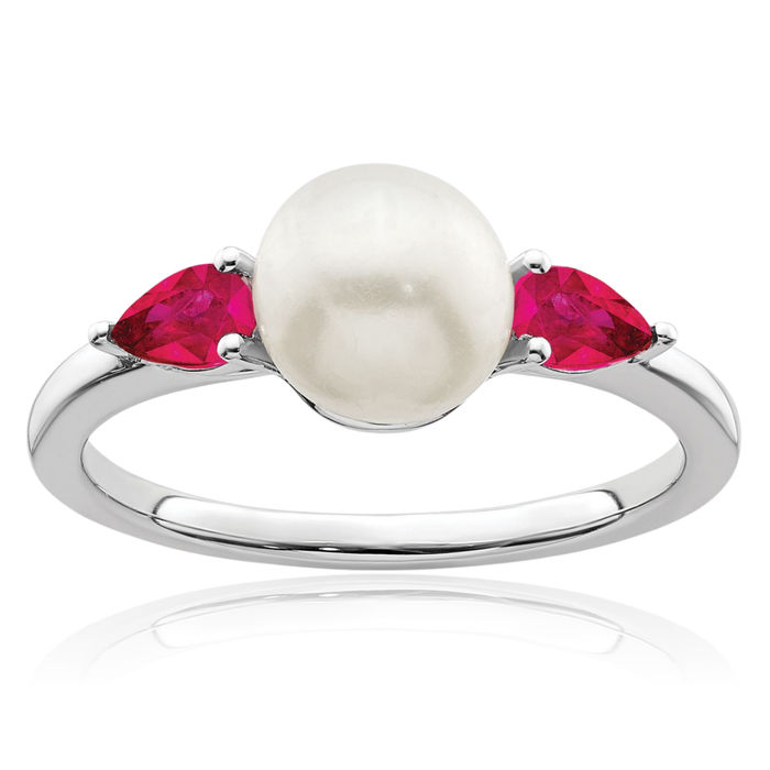 14K Solid White Gold Freshwater Cultured Pearl Ruby Ring Gemstone Band