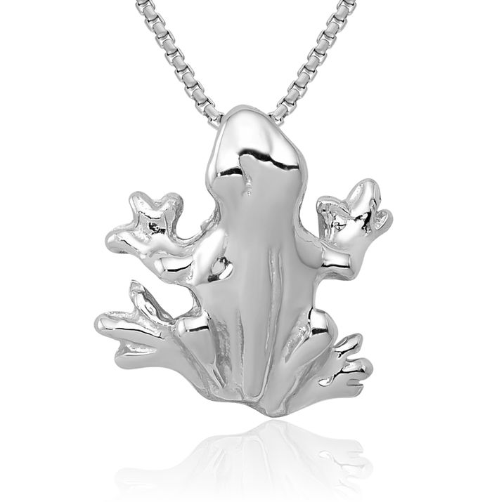 14K Solid White Gold Frog Chain Necklace Pendant Charm