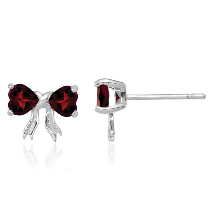 14K Solid White Gold Red Garnet Bow Heart Stud Earrings January Birthstone Jewelry