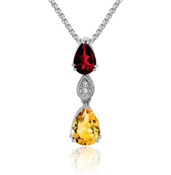 14K Solid White Gold Red Garnet Yellow Orange Citrine Diamond Floating Chain Slide Gemstone Pendant Necklace Charm