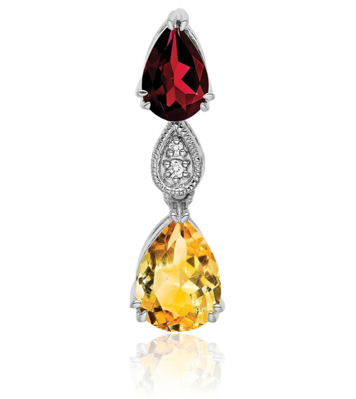 14K Solid White Gold Red Garnet Yellow Orange Citrine Diamond Floating Chain Slide Gemstone Pendant Necklace Charm