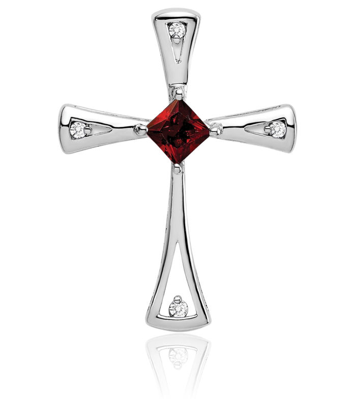 14K Solid White Gold Red Garnet Diamond Holy Cross Floating Chain Slide Pendant Necklace Religious Jesus Christ Charm