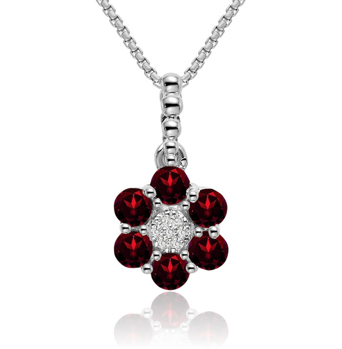 14K Solid White Gold Red Garnet Diamond Flower Necklace Charm Gemstone Pendant