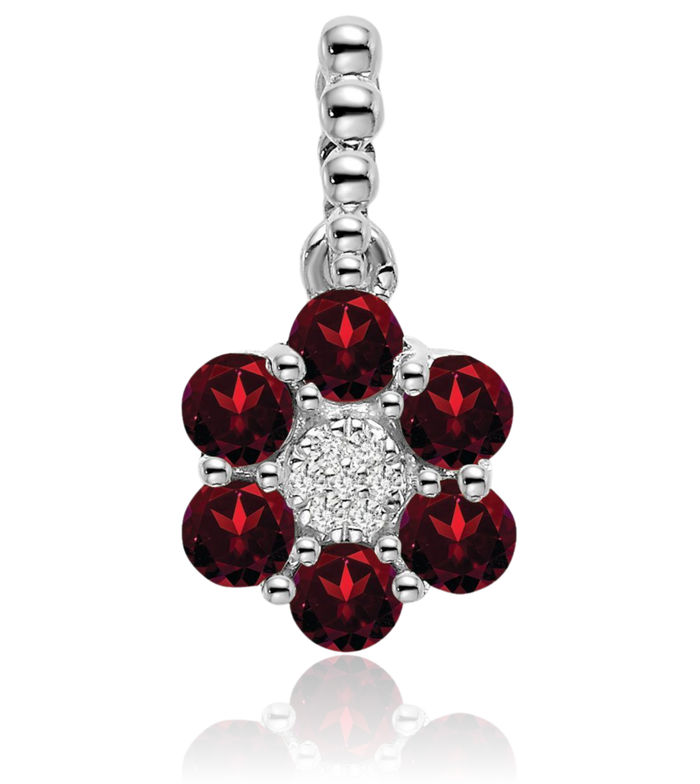 14K Solid White Gold Red Garnet Diamond Flower Necklace Charm Gemstone Pendant