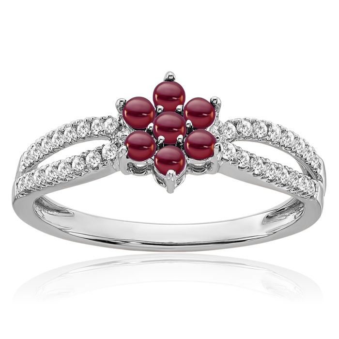 14K Solid White Gold Red Garnet Diamond Flower Ring Gemstone Band January Birthstone Jewelry