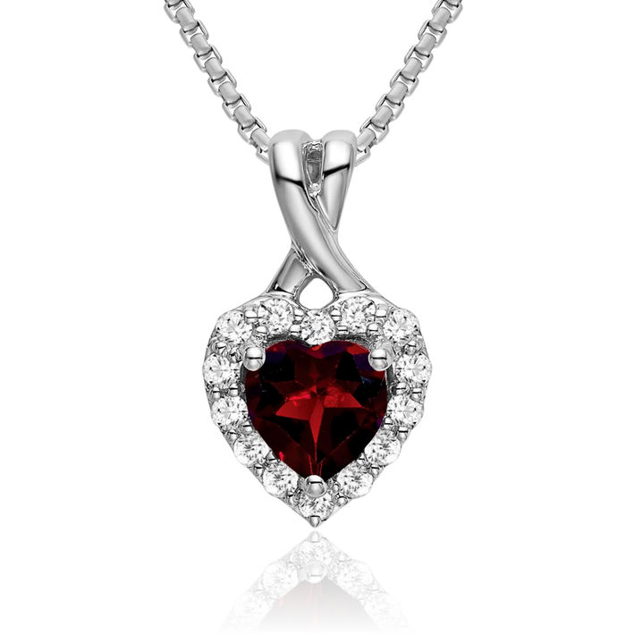 14K Solid White Gold Red Garnet Diamond Halo Round Heart Necklace Charm Gemstone Pendant