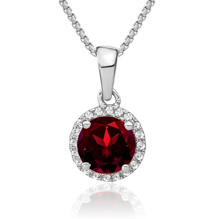 14K Solid White Gold Red Garnet Diamond Halo Round Necklace Charm Gemstone Pendant