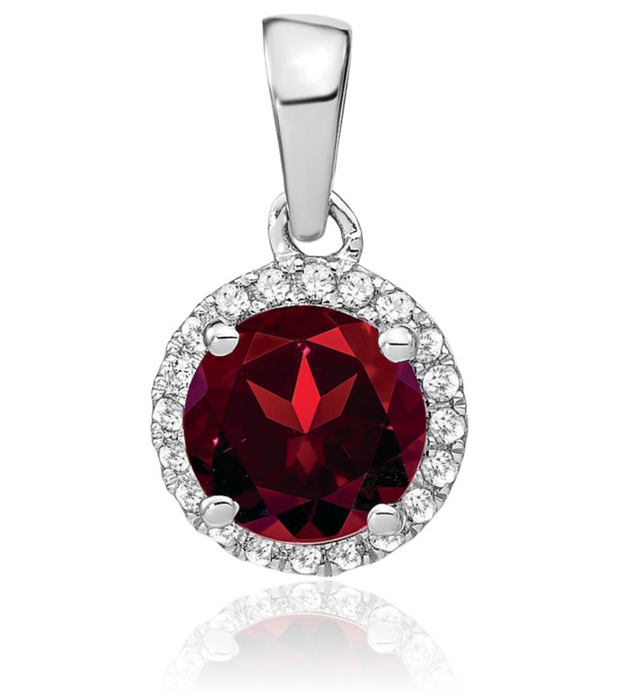 14K Solid White Gold Red Garnet Diamond Halo Round Necklace Charm Gemstone Pendant