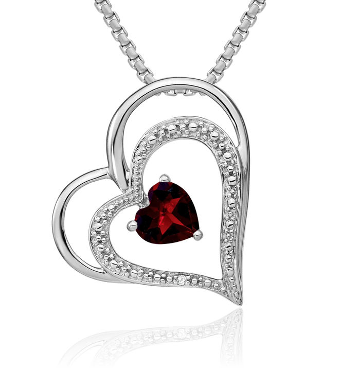 14K Solid White Gold Red Garnet Diamond Heart Floating Chain Slide Gemstone Pendant Necklace Charm