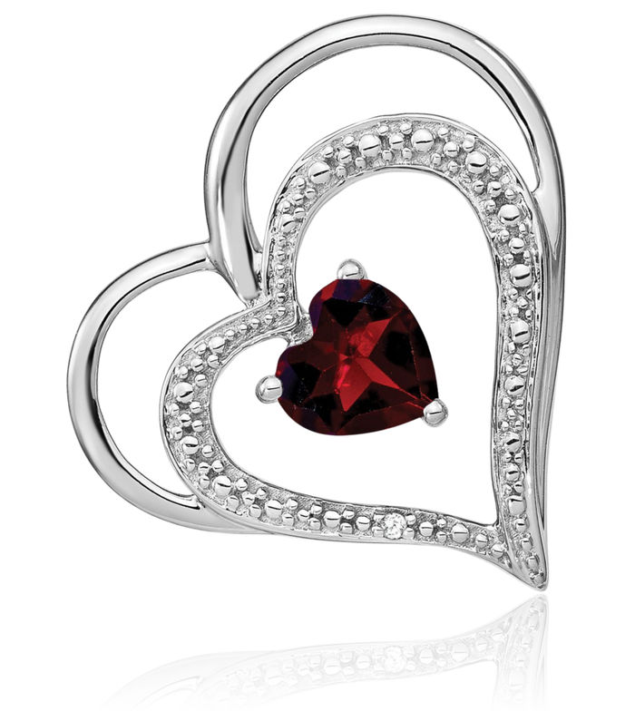 14K Solid White Gold Red Garnet Diamond Heart Floating Chain Slide Gemstone Pendant Necklace Charm