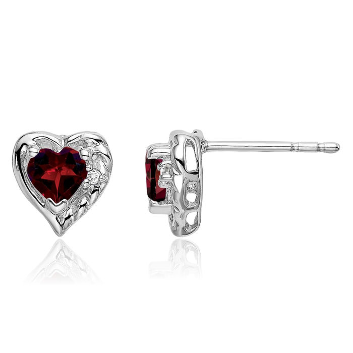 14K Solid White Gold Red Garnet Diamond Heart Stud Earrings January Birthstone Jewelry