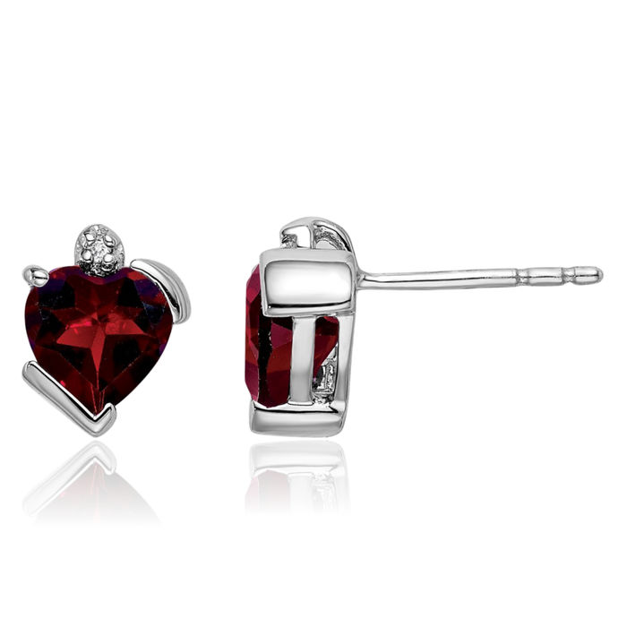 14K Solid White Gold Red Garnet Diamond Heart Stud Earrings January Birthstone Jewelry
