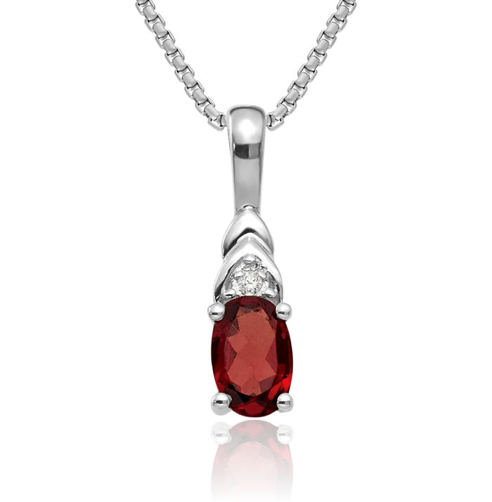 14K Solid White Gold Red Garnet Diamond Necklace Gemstone Pendant Charm April January Birthstone Jewelry