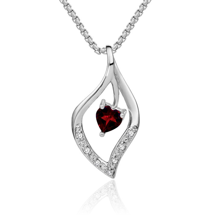 14K Solid White Gold Red Garnet Diamond Necklace Heart Charm Gemstone Pendant