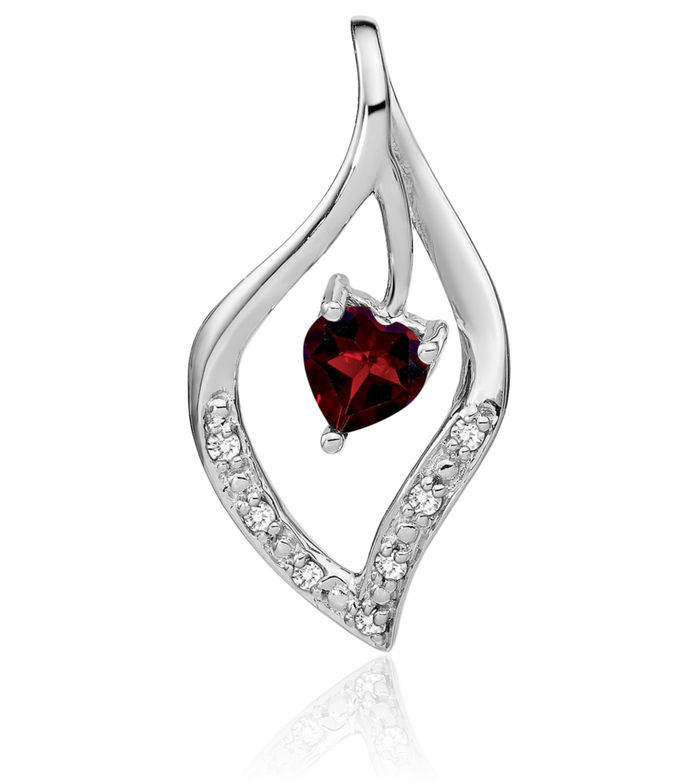 14K Solid White Gold Red Garnet Diamond Necklace Heart Charm Gemstone Pendant